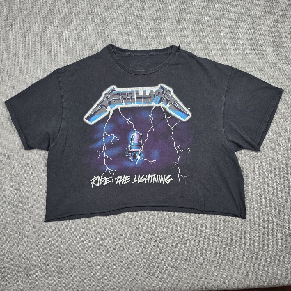 Metallica Ride The Lightning Crop Top Shirt Womens Black Graphic Raw Hem XL Y2K